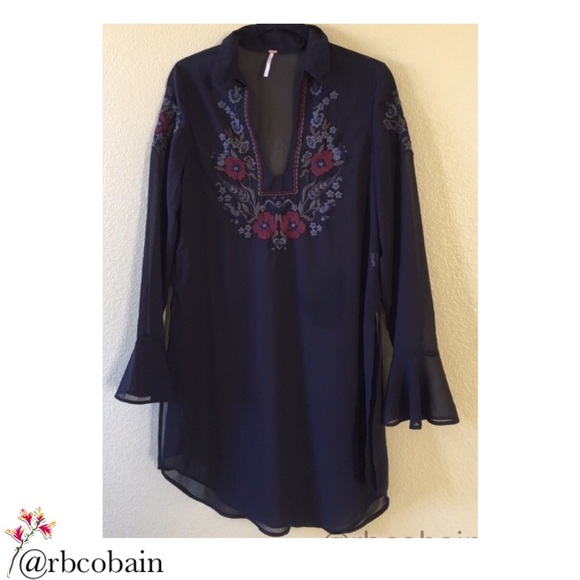 Free People Black Red Floral Embroidered Sheer V-neck Tunic Long Sleeve SP - Picture 6 of 10